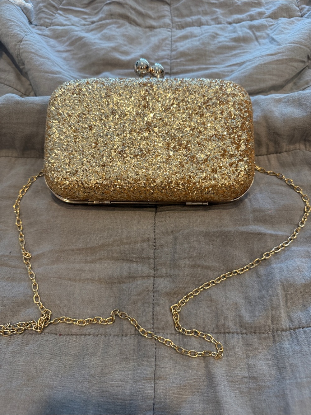 Gold Glitter Evening Clutch with Chain Strap